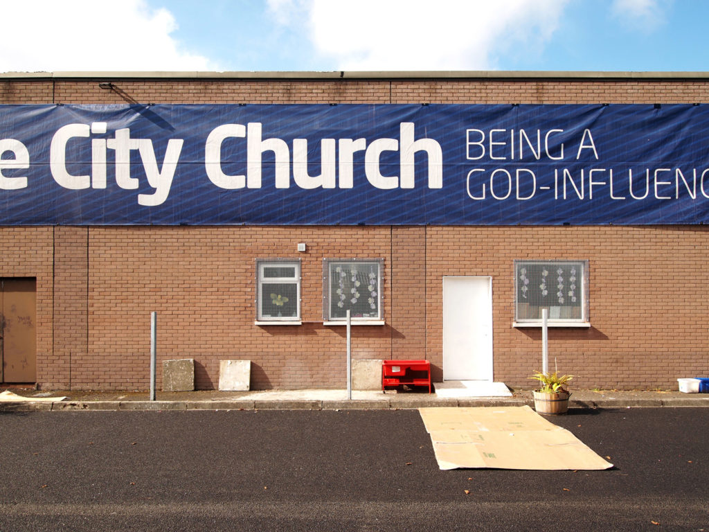 A banner adorns a Protestant church in Belfast, Northern Ireland.